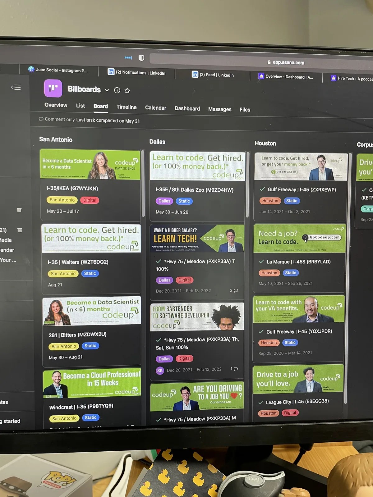 Dashboard showing Codeup billboard campaigns across Texas markets